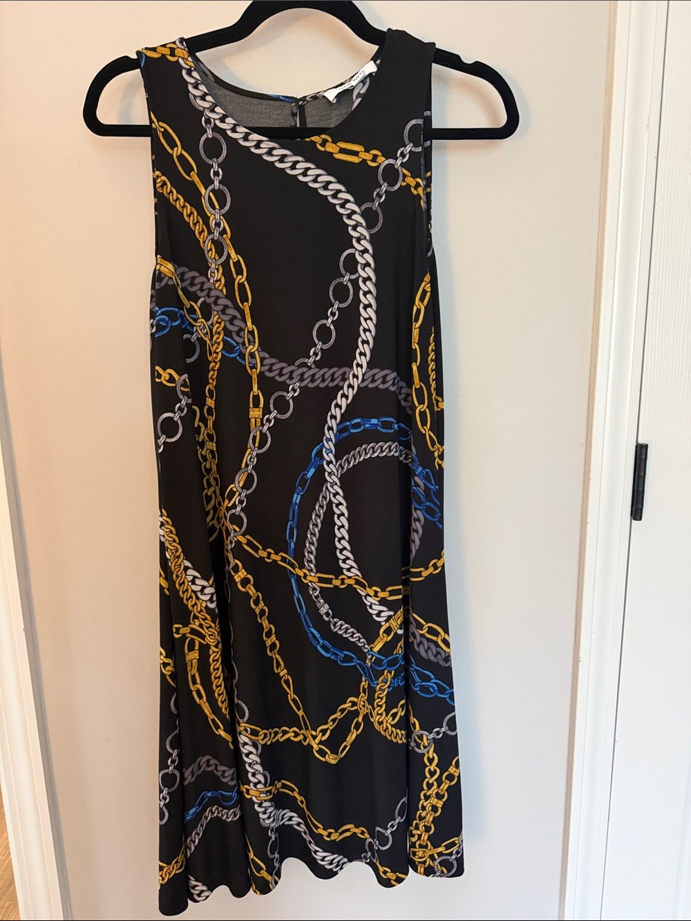 Nine West Black Midi Dress with Gold, Silver and Blue Chain Print Size 6